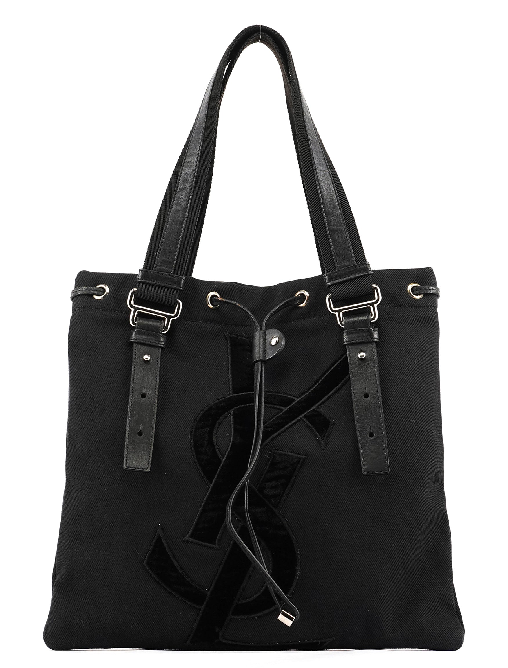 Yves Saint Laurent 123435 Tote Bag aus schwarzem Canvas mit YSL-Logo aus Samt