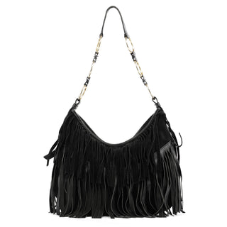 Yves Saint Laurent 138962 Black Suede Leather Boheme Fringe Shoulder Bag