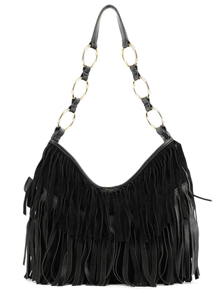 Yves Saint Laurent 138962 Black Suede Leather Boheme Fringe Shoulder Bag