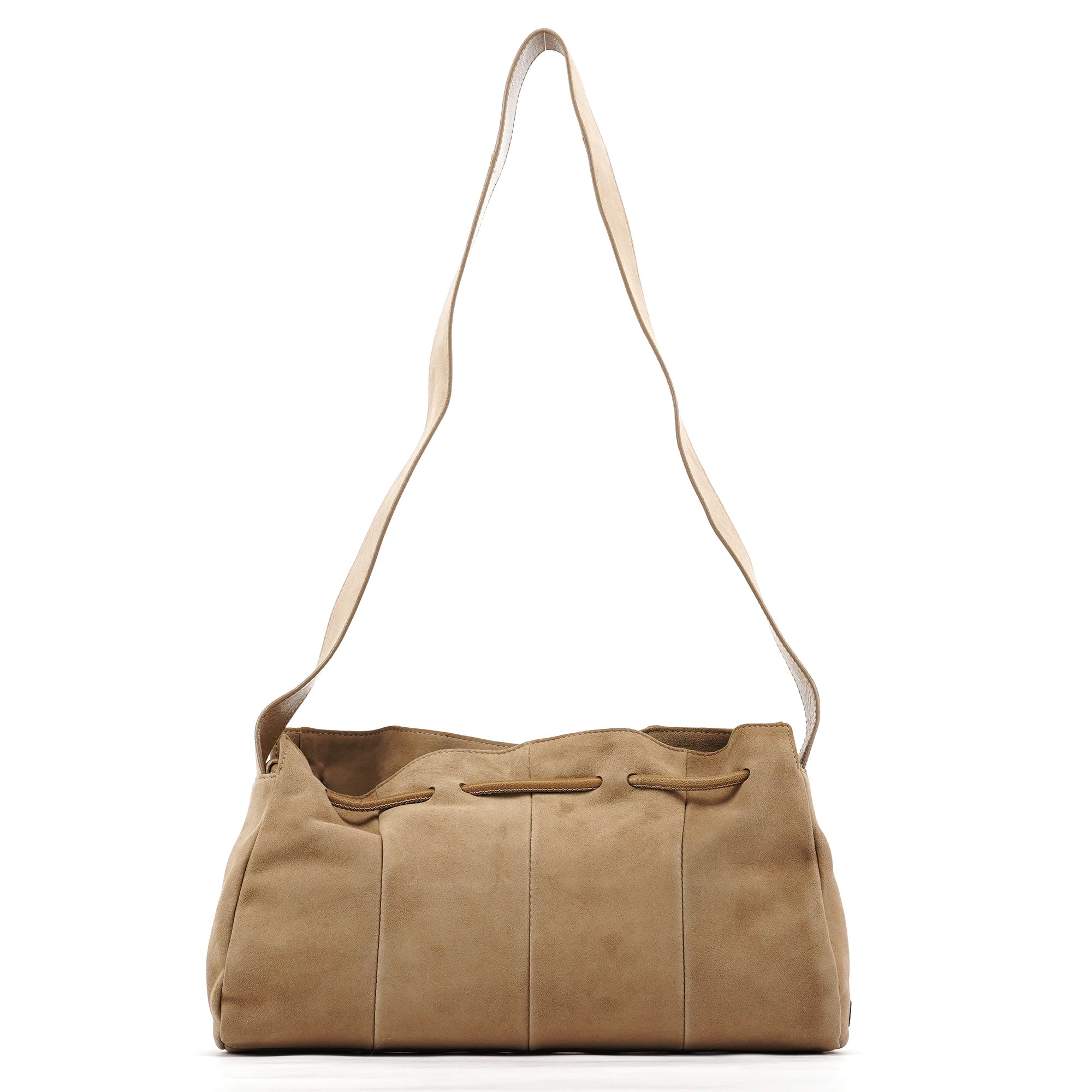 Yves Saint Laurent Schultertasche mit Kordelzug und Quasten aus Veloursleder in Beige