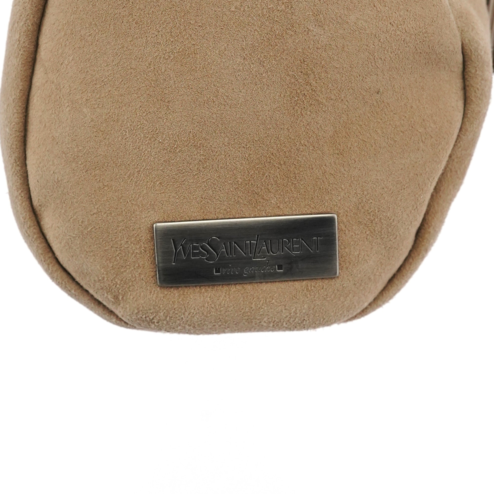 Yves Saint Laurent Schultertasche mit Kordelzug und Quasten aus Veloursleder in Beige