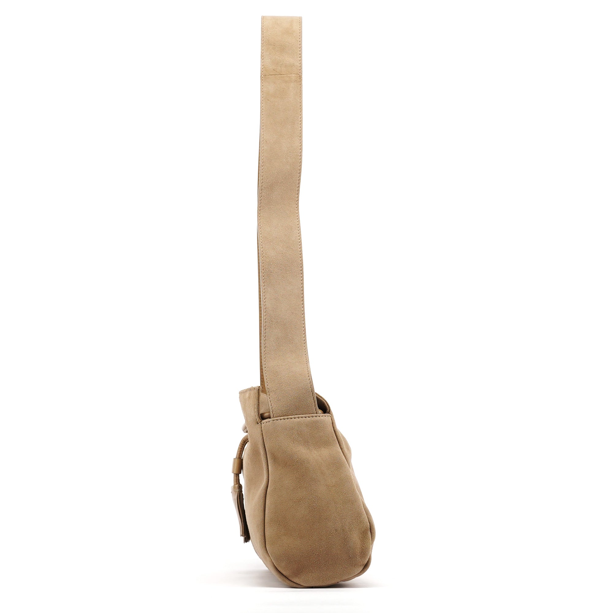 Yves Saint Laurent Schultertasche mit Kordelzug und Quasten aus Veloursleder in Beige