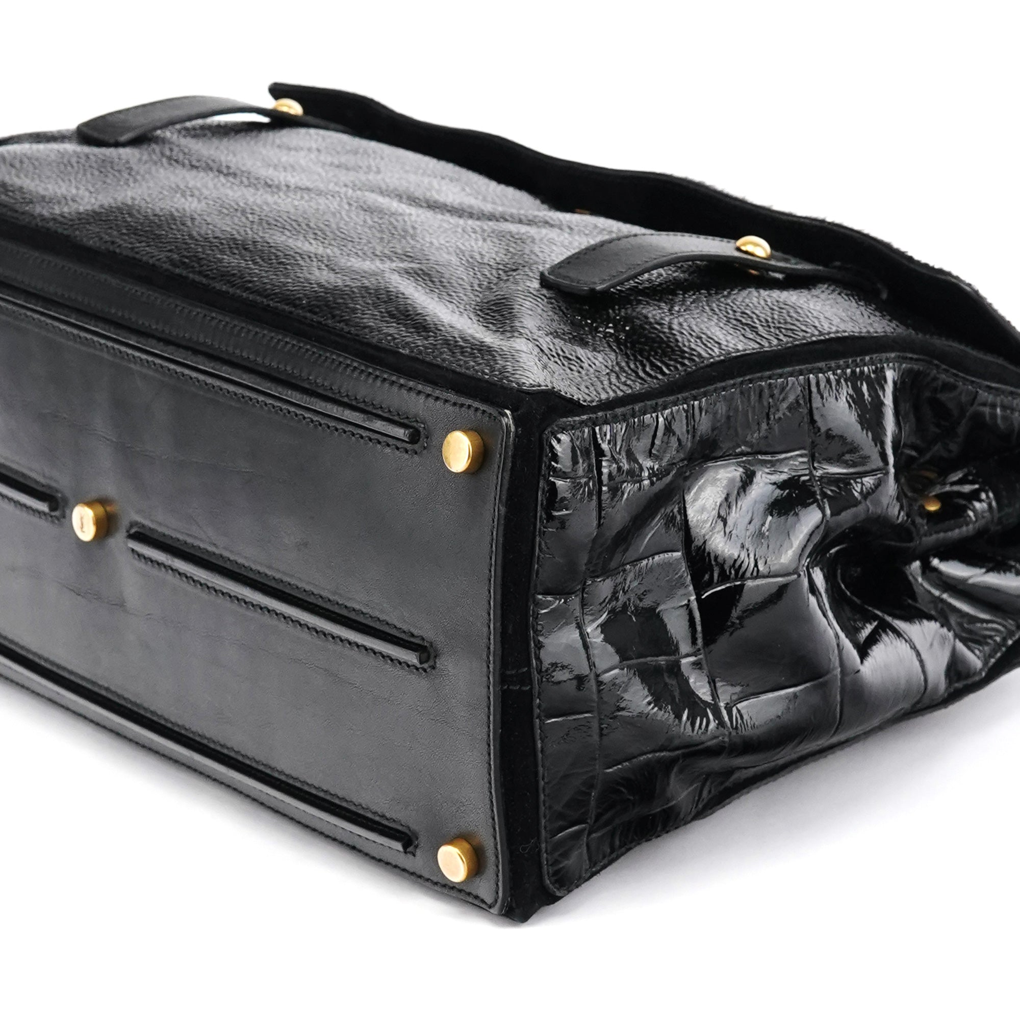 Yves Saint Laurent Sac Muse Two en cuir verni et poil de veau noir