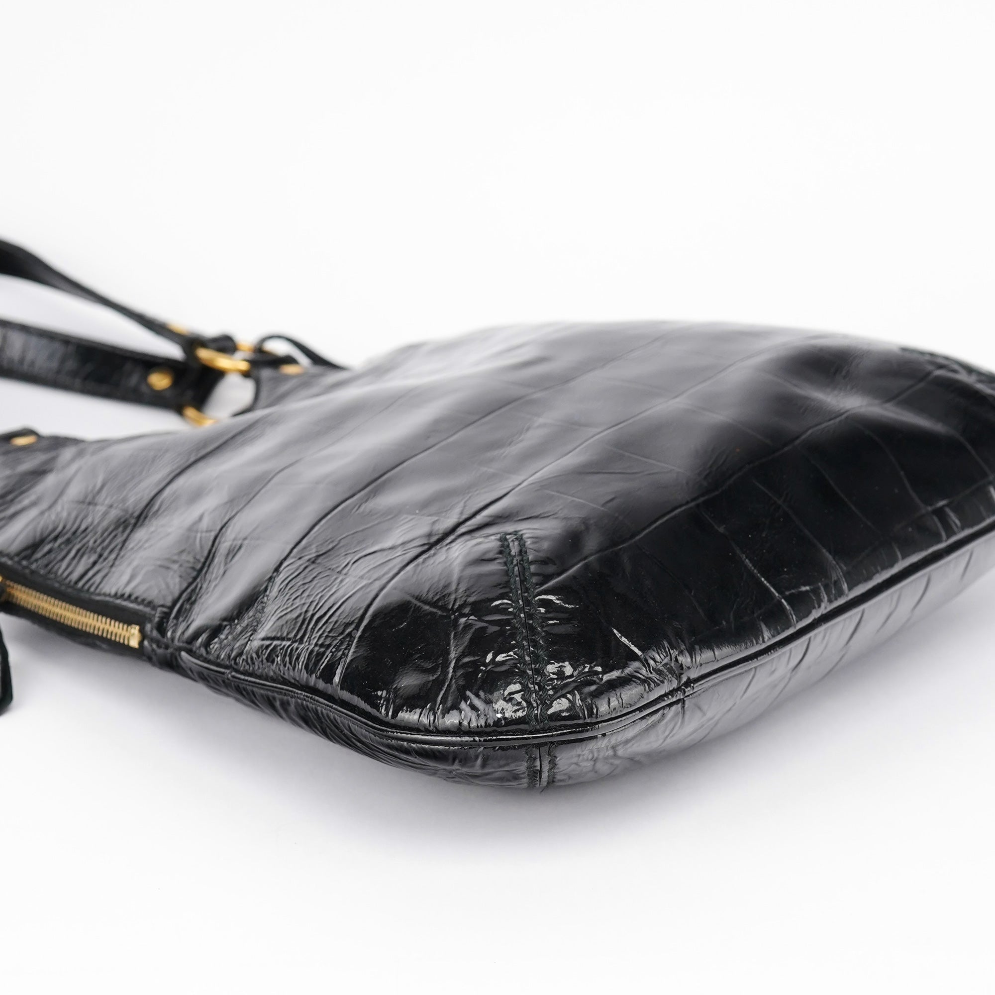 Yves Saint Laurent Black Patent Leather Croc Embossed Tote Bag