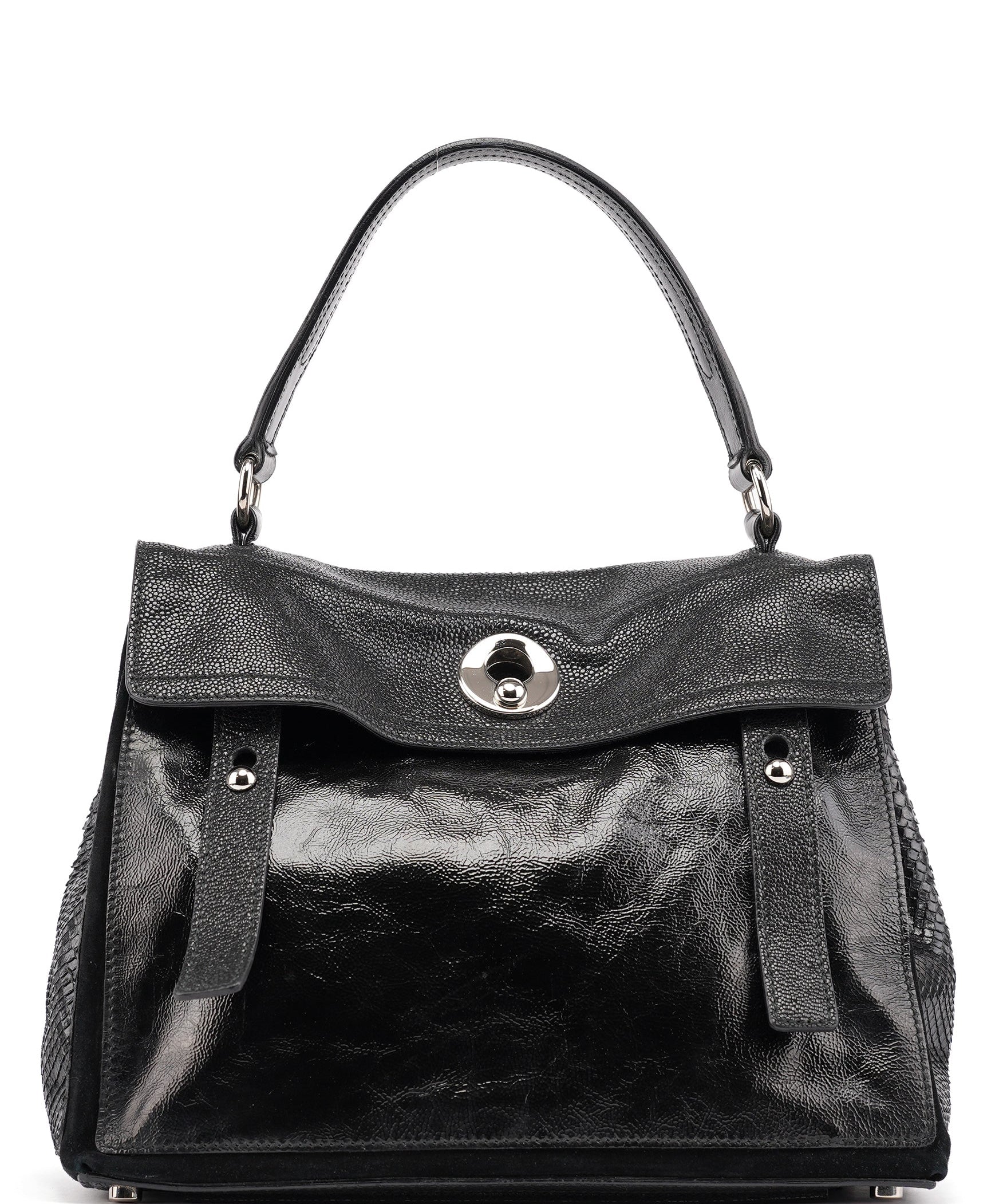 Yves Saint Laurent Borsa Muse in pelle verniciata nera e pitone