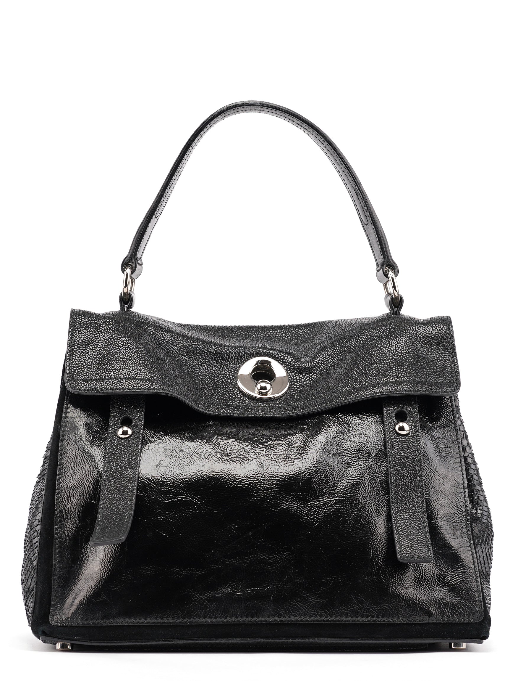 Yves Saint Laurent Black Patent Leather Python Muse Bag