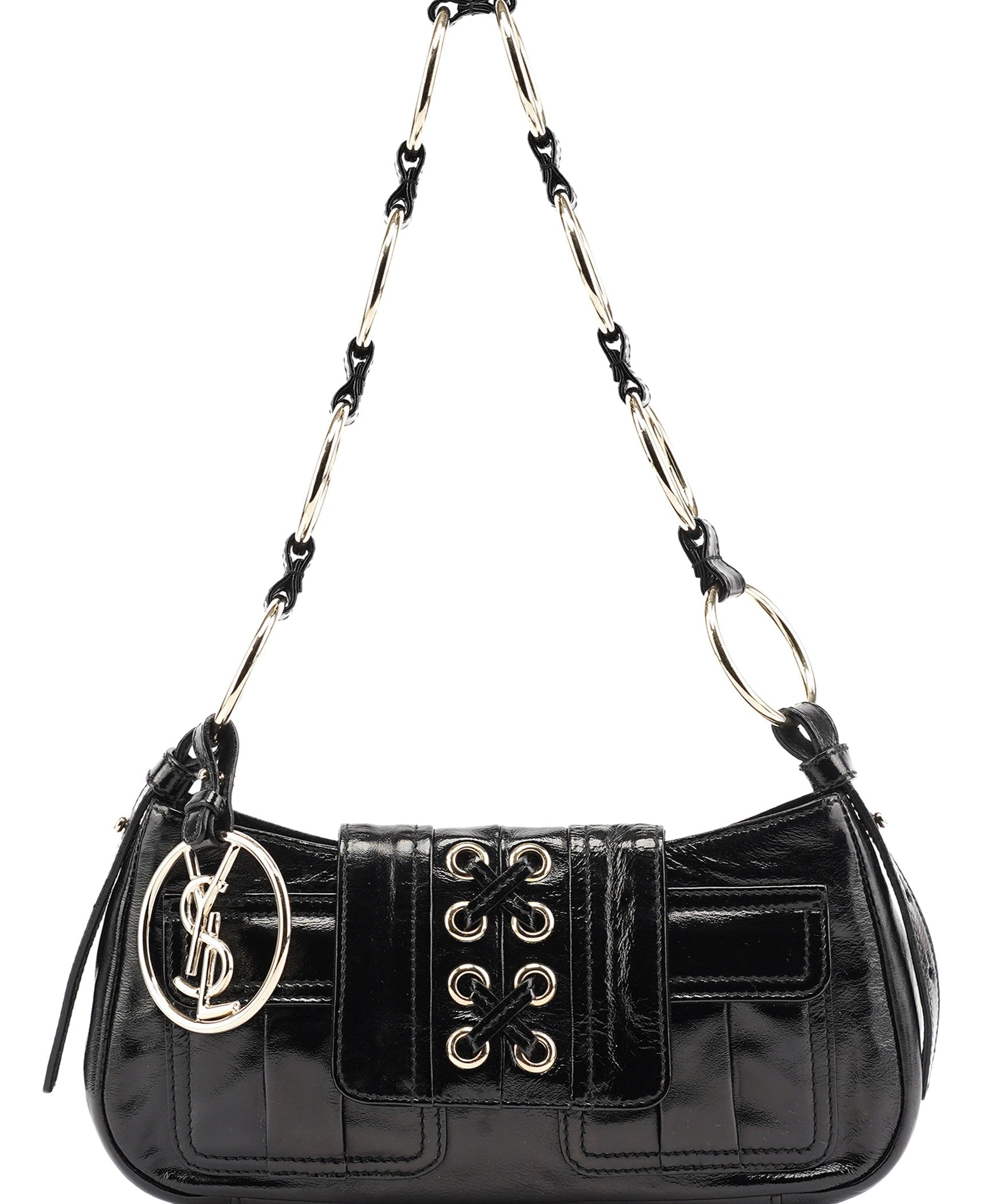 Yves Saint Laurent Black Patent Leather YSL Eyelet Shoulder Bag