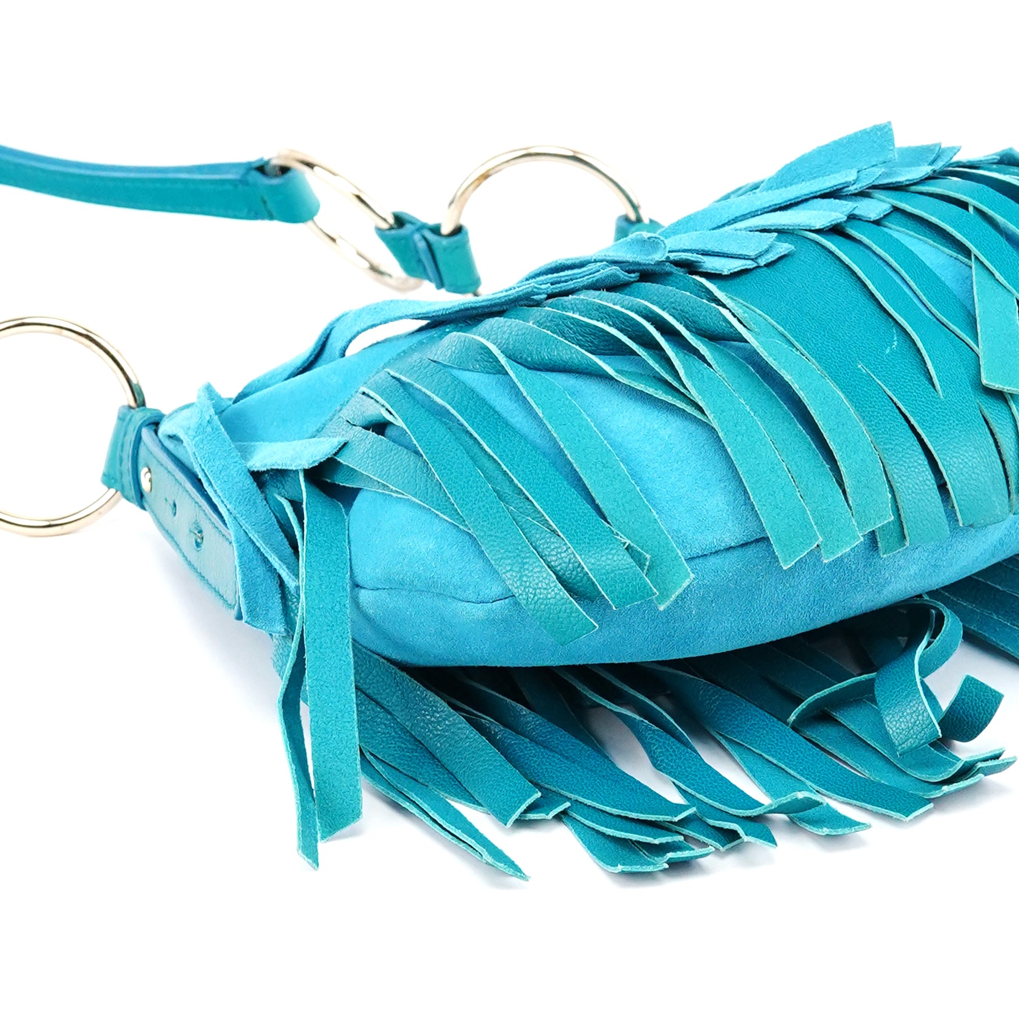 Yves Saint Laurent Sac porté épaule à franges en daim et cuir turquoise
