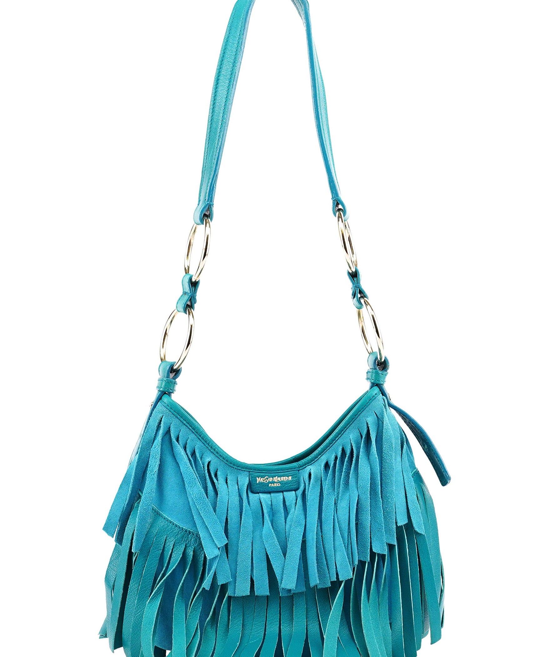 Yves Saint Laurent Turquoise Leather Suede Fringe Shoulder Bag
